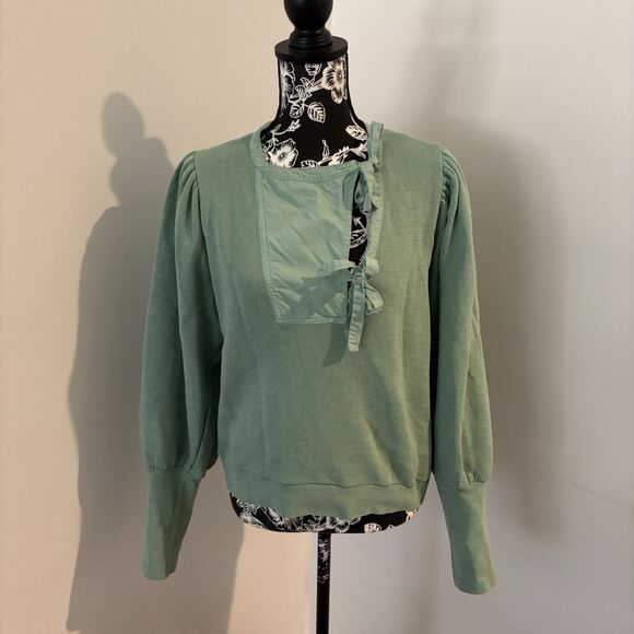 ULLA JOHNSON Alba Seafoam Green 2 Tie Front Puff Sleeve Sweatshirt Top XL - Picture 1 of 11
